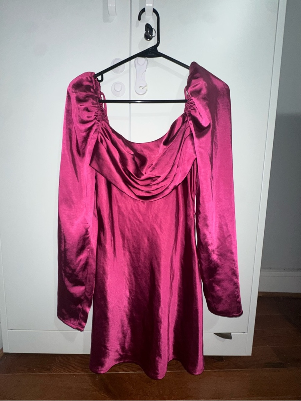 Satin Fuchsia Mini Dress ❤️ Cowl Neck Puff Sleeve Coquette S